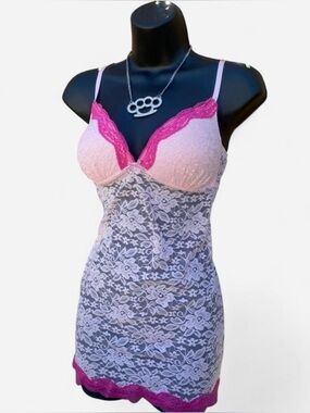Baby Pink with Hot Pink Trim Lace Babydoll Lingerie Top with Striped Bow Detail